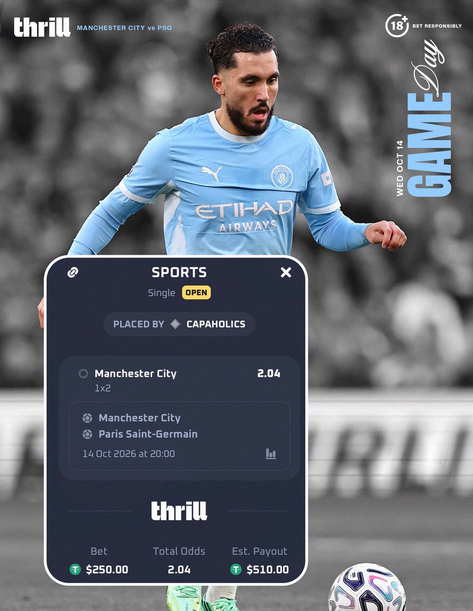 CAPAHOLICS's tweet photo. Tough fixture today between Man City vs PSG but smart money’s on City 💰🔥 @Thrill_com https://t.co/pBdr409FMs
