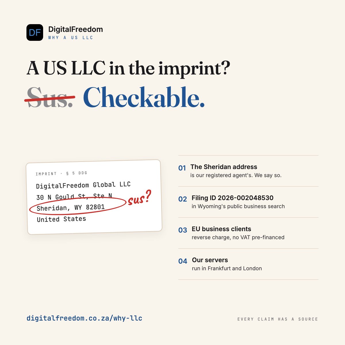 marcelrgberger's tweet photo. A US LLC in the imprint? Sounds sus.

Check it yourself:
- Sheridan is our registered agent's address
- Filing ID public at the Wyoming Secretary of State
- EU businesses: reverse charge
- Servers in Frankfurt and London

https://t.co/zTaWWts7HP https://t.co/2rm0o3InWi