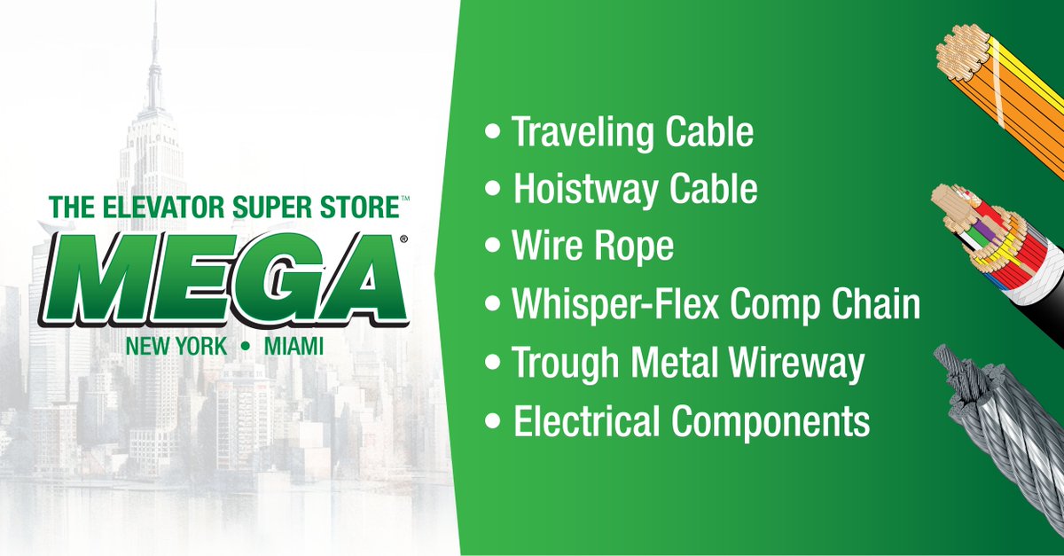 ElevatorWorld's tweet photo. *AD* MEGA has been supporting the vertical transportation industry in various markets and is your go-to supplier for traveling cable, hoistway cable, compensation chain, wire rope, electrical components &amp; more. Contact sales@megaelevatorparts.us for current &amp; future requirements. https://t.co/1JcmeFS7A1