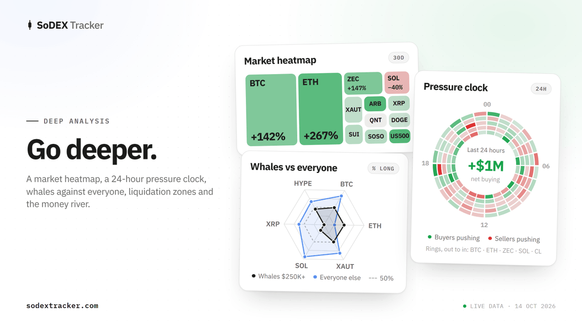 eliasing__'s tweet photo. Go deeper, then look inside any wallet:

• Deep analysis: heatmap, 24h pressure clock, whales vs everyone
• Tracker: any wallet's net worth, PnL and daily calendar
• Leaderboard: every trader ranked by PnL or volume
• Portfolio &amp; watchlist: your wallets, grouped and synced https://t.co/5v2SLUhD1p