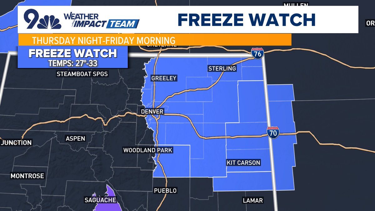 BianchiWeather's tweet photo. NEW: Freeze Watch issued for Denver, Fort Collins, Boulder and most of northeastern Colorado for Friday morning. Temps 27°-33°, right on the border of a hard freeze (28° or lower for at least an hour).

Growing season likely ends this week for much of NE Colorado.

#COwx https://t.co/LhDSwcyfja