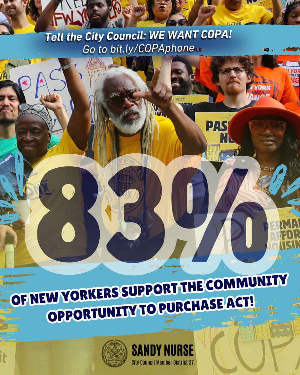 CMSandyNurse's tweet photo. 🚨The verdict is in: New Yorkers overwhelmingly support COPA!

@CSSNYorg's new survey finds that 83% of New Yorkers support the Community Opportunity to Purchase Act.

Across party lines, New York is ready for COPA:

🔵Democrats 87%
🔴Republicans 70%
⚪️Independents 84% https://t.co/w1n5JQ0N34
