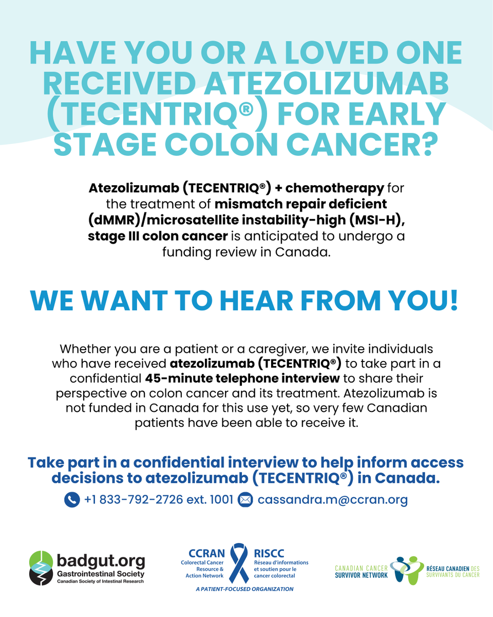 ccranorg's tweet photo. Have you or a loved one received atezolizumab (TECENTRIQ®) for early-stage colon cancer?

Take part in a confidential 45-minute telephone interview to help inform access decisions in Canada.

Contact: cassandra.m@ccran.org

@GISociety @survivornetca 

#ColonCancer #PatientInput https://t.co/ApzWhOlahM
