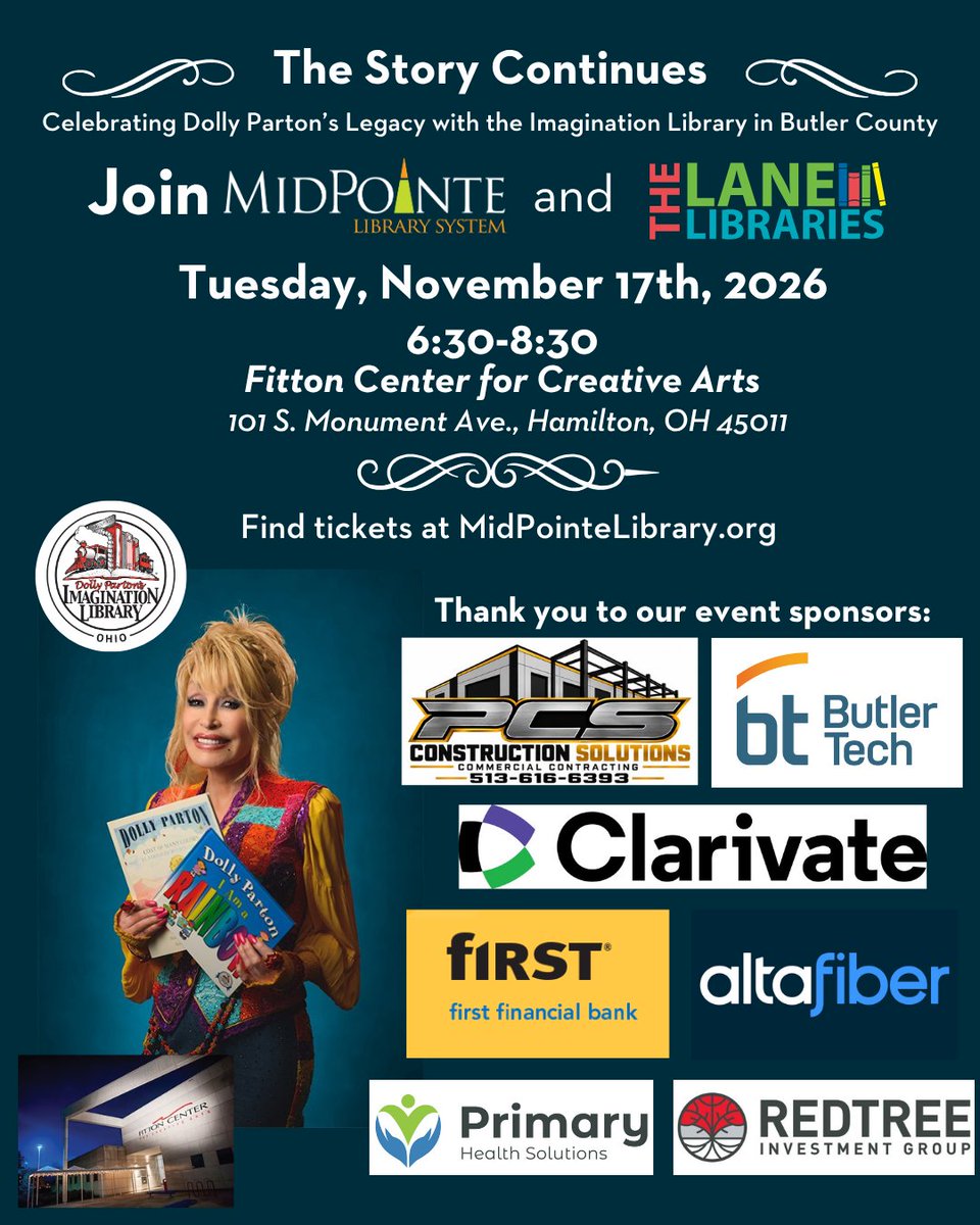 MidPointe's tweet photo. The DPILO-Butler County delivers free books to 15K enrolled kids in the county each month. These books become bedtime stories and a child's first step toward reading success. 

Join us Tues., Nov. 17, at the Fitton Center For Creative Arts to celebrate the program's impact. https://t.co/KSg0XH3yyL
