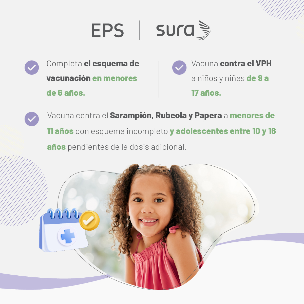 epssura's tweet photo. Cuidarte también es mantener tus vacunas al día. 💜

Este 17 de octubre, aprovecha la Jornada Nacional de Vacunación para revisar tu esquema y completar las vacunas que tengas pendientes.

Desliza la galería, identifica cuáles aplican para ti o tu familia y acércate a la IPS más cercana.

Vacunarse es una decisión que nos cuida a todos.