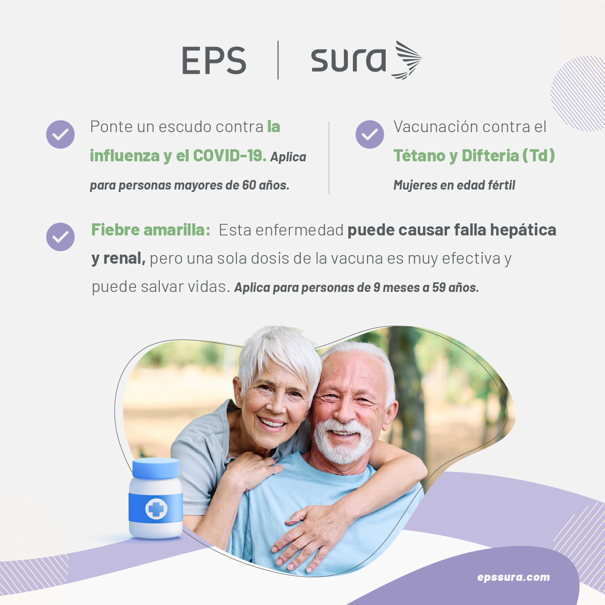 epssura's tweet photo. Cuidarte también es mantener tus vacunas al día. 💜

Este 17 de octubre, aprovecha la Jornada Nacional de Vacunación para revisar tu esquema y completar las vacunas que tengas pendientes.

Desliza la galería, identifica cuáles aplican para ti o tu familia y acércate a la IPS más cercana.

Vacunarse es una decisión que nos cuida a todos.