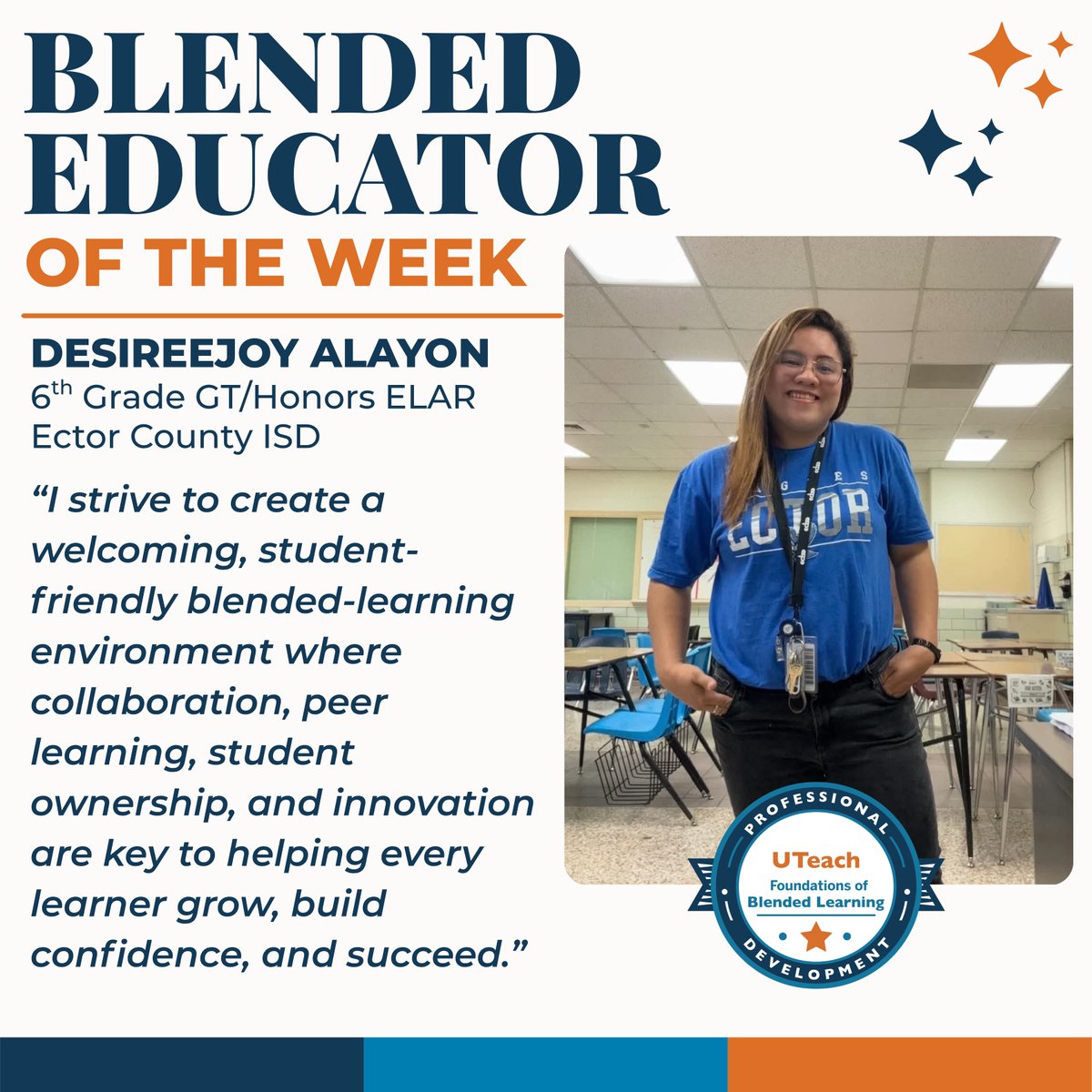 UTeachPD's tweet photo. Blended Learning Educator of the Week: Desireejoy Alayon 🌟
This 6th-grade GT/Honors ELAR teacher at Ector Middle turns professional learning into innovative, student-centered lessons, building confidence and ownership. A true lifelong learner, she models excellence every day! 👏 https://t.co/CTUceNsScy