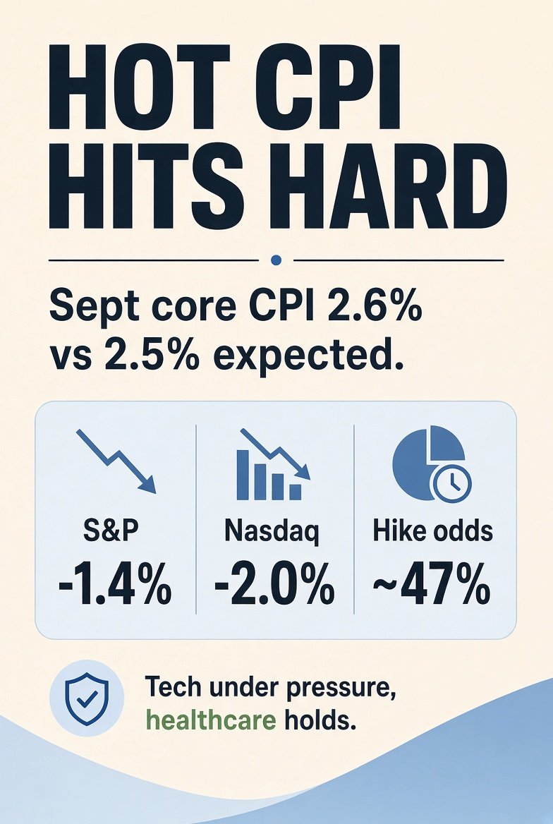 MikeSInvests's tweet photo. Hot CPI just flipped the script. Core 0.3% m/m (2.6% y/y) vs 0.2%/2.5% expected, lifting Oct hike odds from ~22% to nearly 50%. $QQQ already -2% while healthcare holds, $CRWV got smashed on bond yields. Still feels off how fast the soft-landing crowd vanished on one print. https://t.co/zjKUiOMqqs