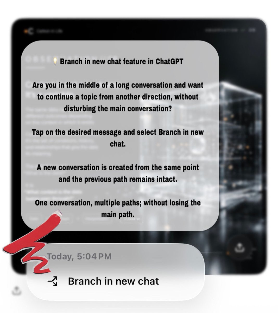 shim_pi6's tweet photo. Branching into a new chat is more than a UI feature. It���s cognitive architecture
It lets the brain explore alternative paths without losing the original context — reducing interference while preserving the freedom to experiment
One context.Multiple branches.Better #learning.⚙️#Ai https://t.co/K9IEMVhMDU