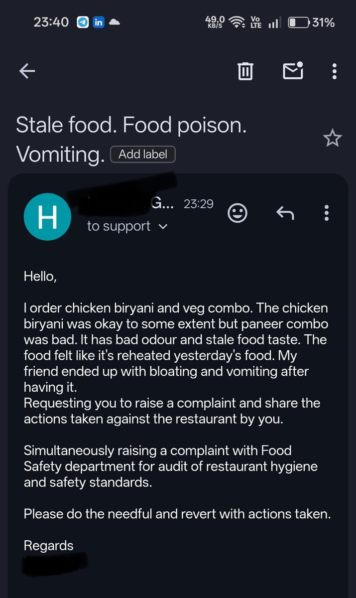 GH_5683's tweet photo. @c_tgsafe Absolute Barbecues Gachibowli is delivering stale food after reheating it. 
It poses serious health hazards to people. 
Sent a mail to food platform but recieved no reply so far.

Attaching mails screenshots. https://t.co/cEx6OxohqQ