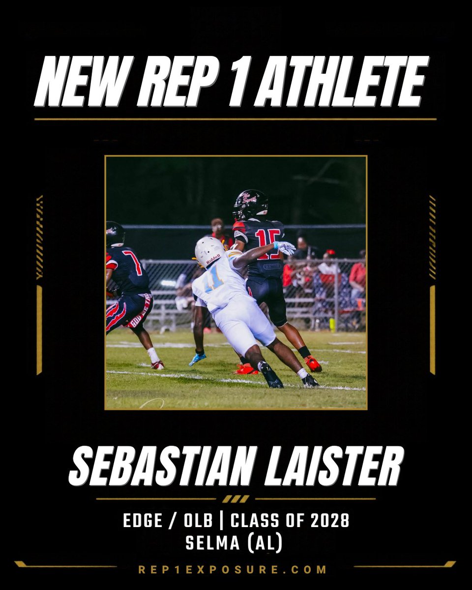Rep1Exposure's tweet photo. 🇺🇸 NEW REP 1 EXPOSURE ATHLETE! 

Welcome Sebastian Laister to the Rep 1 family!

📍 Selma, Alabama
🏈 EDGE/OLB | Selma High School
🎓 Class of 2028
📏 6'0" | 190 lbs

Sebastian joins Rep 1 Exposure as he continues working toward opportunities to compete at the next level! 💪
🔗 View Sebastian's Profile: https://t.co/KJ2orLWLpB

🌎 Athletes nationwide, ready to get exposure and take your recruiting to the next level?
📝 Sign up: https://t.co/Foy7F1dIpM

#Rep1 #Rep1Exposure #Recruiting