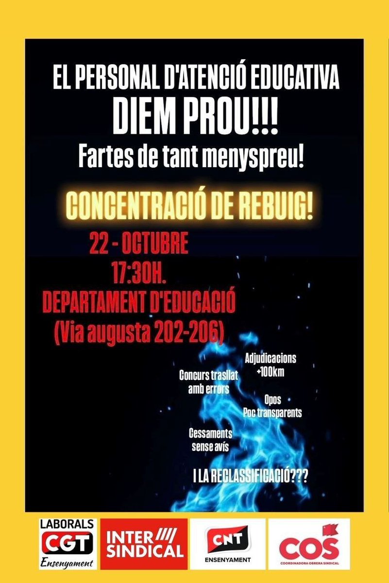 InterEducacio's tweet photo. 🔵 COMUNICAT UNITARI | INTERSINDICAL, CNT, COS i CGTLaborals:

🔥 EL PAE DIEM PROU!

🔵Després de mesos de neguit i incertesa, de males gestions per part del Departament i de menyspreu constant cap al personal d’atenció educativa, diem prou!

❌ Errors en les puntuacions del concurs de trasllats.
❌ Oposicions sense desglossament de notes i amb errades.
❌ Adjudicacions llunyanes i mobilitats denegades.
❌ TEEI en espera i TEEI rurals amb cessaments de contractes.
❌ Borses d’AEE tancades.
🔥LA RECLASSIFICACIÓ BLOQUEJADA!🔥

Prou d’incertesa, prou de menyspreu i prou de maltractament cap a les nostres figures!

🔥El dijous 22 d’octubre, sortim al carrer!

Departament Educació 
 Via Augusta 202-206
 17.30 h
🔵 Vine de blau!

La força del PAE és la nostra unió. Fem sentir la nostra veu!