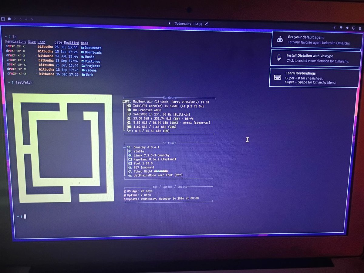 Bit_Budha_'s tweet photo. I had to join the cult.

I have a 2015 Macbook, I brought it back to life with Omarchy.

I'll make a update video about my experience with it a month from now, gonna be daily driving it as much as I can.

Thanks @dhh 
https://t.co/KCvBKZyLdq

#omarchy #linux #arch #hyprland https://t.co/kCxoi8rEno