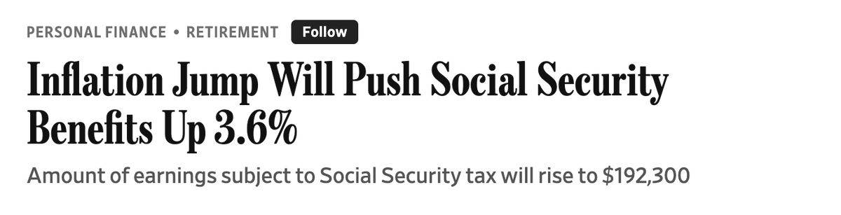 esaagar's tweet photo. Boomers just got a 3.6% inflation adjusted raise in social security benefits

Meanwhile everyone else just had the 6th straight month of negative real earnings

Despite this all you will hear about is how tough 'fixed income' is for boomers while we're literally getting poorer https://t.co/VNy2gJfSpE