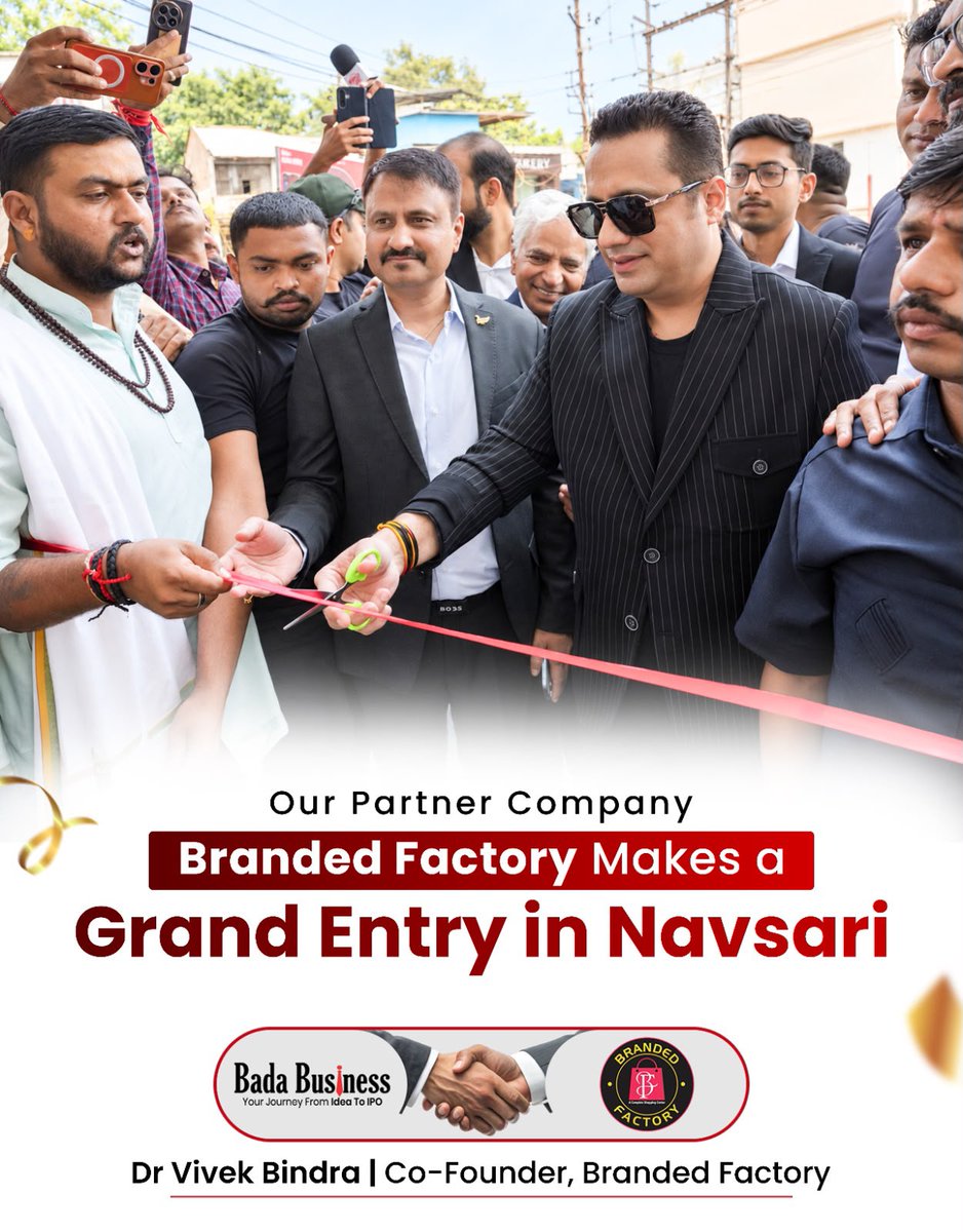 DrVivekBindra's tweet photo. Bada Business की Partner Company, Branded Factory अपनी Growth Journey में लगातार नए Milestones जोड़ रही है.

Bhilwara में 1 Store से शुरू हुई journey, Bada Business के साथ Partnership के बाद Vadodara और अब Navsari तक पहुंच चुकी है. आज Brand 3 Cities में 3 Stores, 4X Expansion और 3X Revenue Growth हासिल कर चुका है.

Navsari Store की Grand Opening को लोगों का शानदार Response मिला. इस Special Celebration में Taarak Mehta Ka Ooltah Chashmah fame actress @moonstar4u (Babita Ji) भी शामिल हुईं, वहीं Media Coverage और Press Interactions ने इस occasion को और खास बनाया.

Branded Factory और उसके Founder, Dr Basant Gandhi Ji को इस उपलब्धि के लिए बहुत-बहुत बधाई.

Bada Business और Branded Factory की यह Partnership आगे भी Growth, Expansion और नए Milestones की ओर बढ़ती रहे।

Thank You, Navsari, for the incredible love and support. ❤️

#BadaBusiness #BrandedFactory #DrVivekBindra #BusinessGrowth #Babitaji

Bada Business, Branded Factory, Branded Factory success story, Dr Vivek Bindra, Dr Basant Gandhi, Bada Business partner company, Branded Factory Navsari store opening, Branded Factory grand opening, Munmun Dutta Babita Ji, Taarak Mehta Ka Ooltah Chashmah actress, Branded Factory business growth, tmkoc