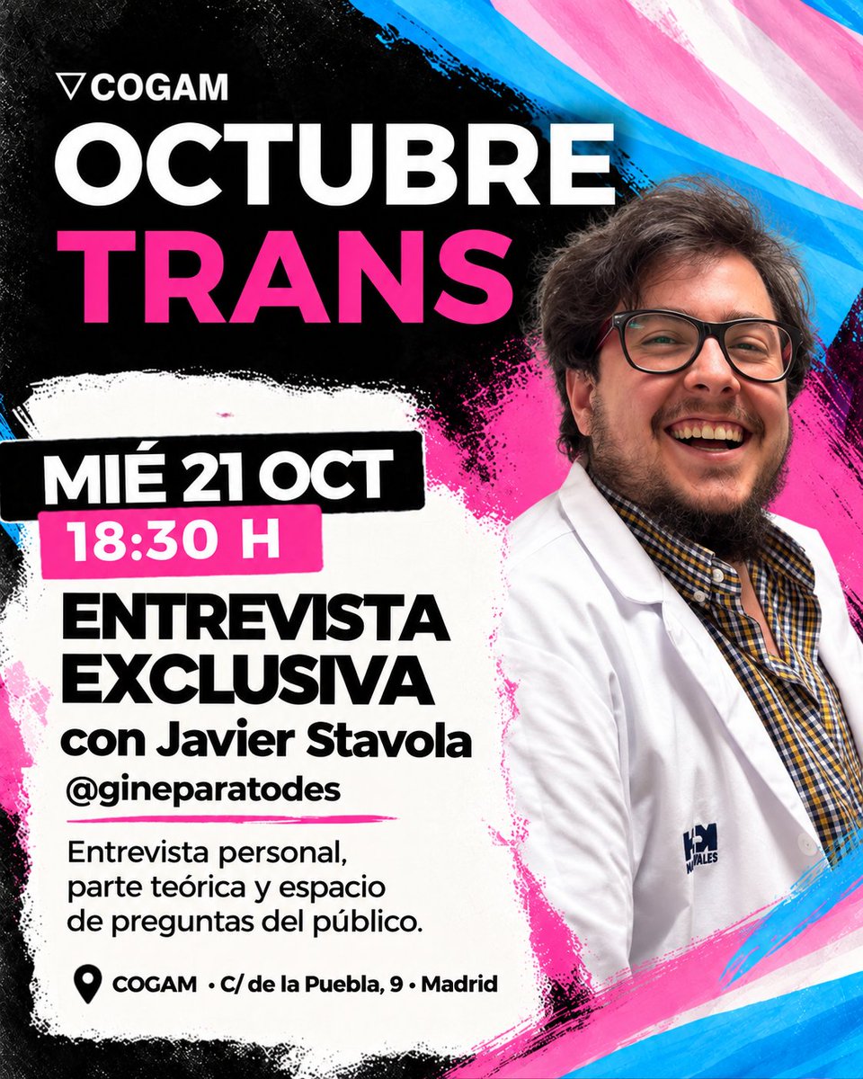 COGAM's tweet photo. 🏳️‍⚧️ #OctubreTrans en COGAM 

Acompáñanos en esta charla con Javier Stavola, ginecólogo experto en salud ginecológica y atención sanitaria a personas trans.

📅 Miércoles, 21 de octubre
🕡 18:30 h
📍 COGAM · C/ de la Puebla, 9 · Madrid

➡️Link de registro: https://t.co/9CpgFo41td https://t.co/f7ukazq2Jr