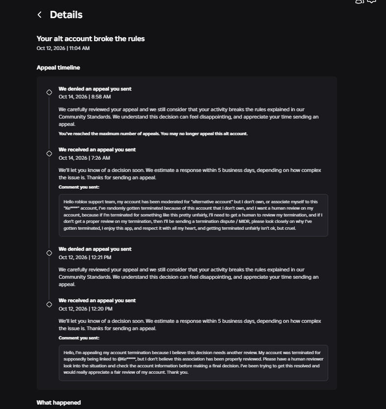 incagee's tweet photo. Day 1 appealing this. I've never owned an account starting with “Ke” on my email. I've requested human support, but every appeal gets rejected and I still haven't received a response to my ROA. @Roblox please look into this enforcement ban. X_x https://t.co/6ccYZp4vB6