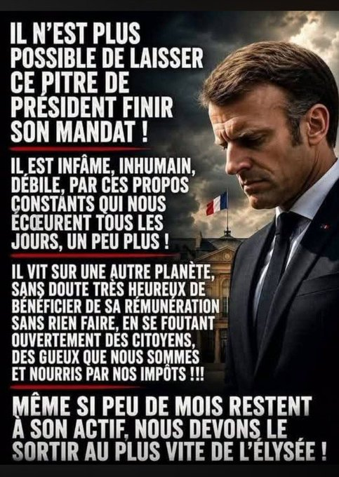 AdamGirard1990's tweet photo. Macron, ce pitre infâme et traître immonde doit dégager !

Tu brades la France à la BCE pour ton rêve de Reich fédéral, dette criminelle et volontaire, parasite à rien foutre payé par nos impôts qui méprise les gueux. Dehors de l'Élysée, vite ! https://t.co/O8dMv7vhRz
