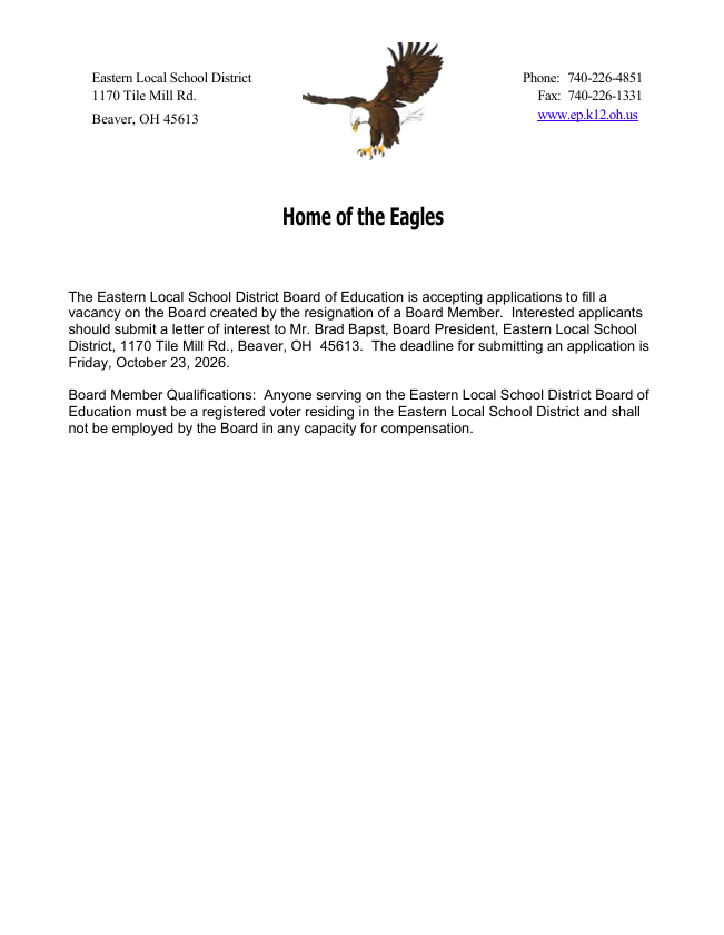 EasternLocalSD's tweet photo. The Eastern Local School District Board of Education is accepting applications to fill a vacancy on the Board created by the resignation of a Board Member. 

Please see the attached posting for additional information. https://t.co/E31FWYoylg