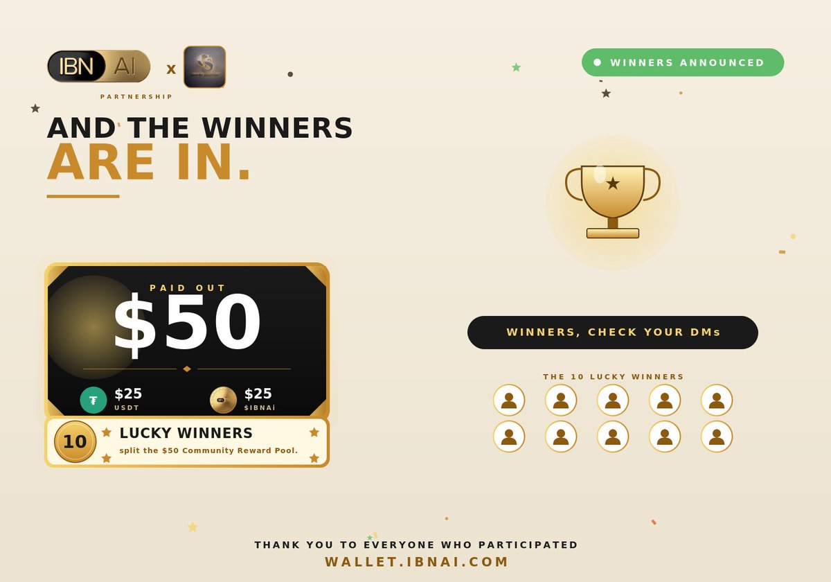 IBNAiToken's tweet photo. The ethereum:0xfdcd8be9dd37cf982472d30eeee4ec50a0296953 X @CryptoSolutionG  Community Rewards Campaign winners are in. 🎁

Huge congrats to our 10 lucky winners! $50 in prizes going out, split between USDT and ethereum:0xfdcd8be9dd37cf982472d30eeee4ec50a0296953.

Winners:🏆
🥇 @callmeperry3
 🥇@OxVanboy
 🥇@SimplyJohndk
🥇@Nabilla442
🥇@NFTmarketverse
🥇@ven_diesel_
🥇@_SimplymeSt8
🥇@AnnaRahima
🥇@Blpani23
🥇@senjabiru45 

Thank you to everyone who entered, followed, and shared!

We will be reaching out to each winner directly via X DMs to coordinate payment 💵

More coming soon...🔥

🌐 Website: https://t.co/PXnk3RA8Ah