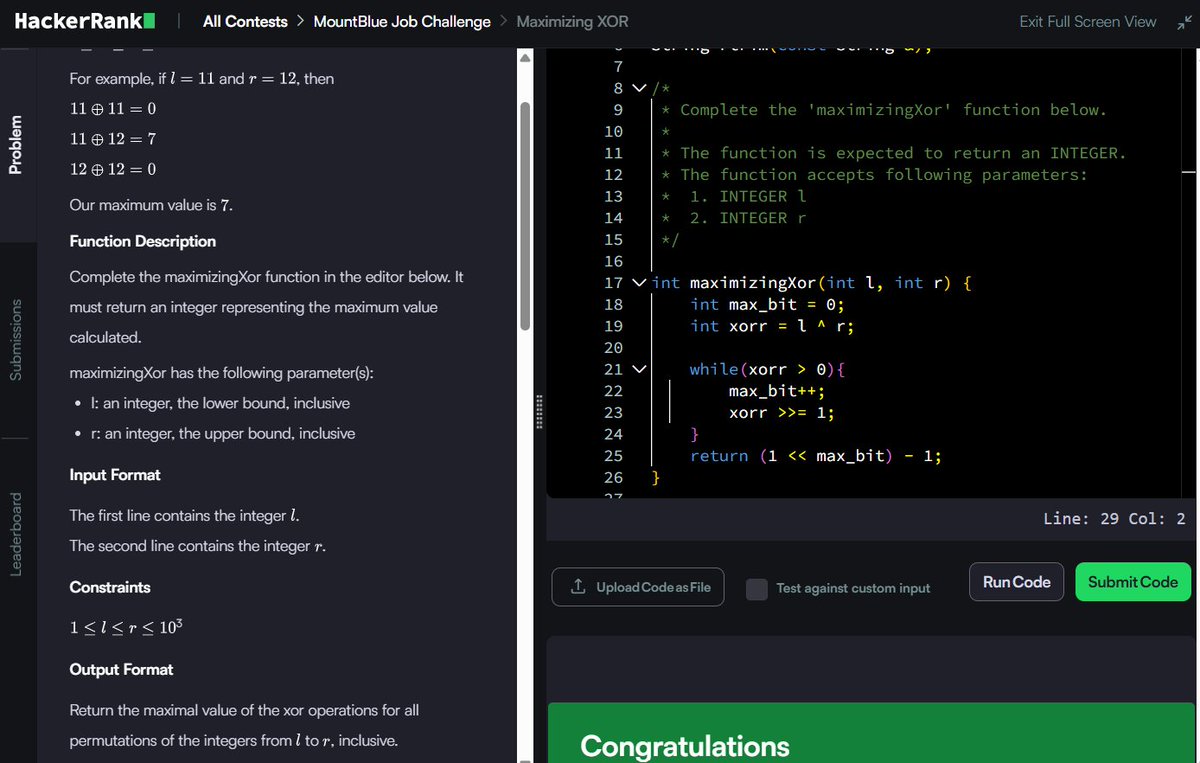 Muskanm_1227's tweet photo. Day 157/200 #200DaysOfCode | Daily DSA Practice ⚡

1. Sherlock and The Beast: O(N) TC | O(1) SC
2. Game of Thrones - I: O(N) TC | O(1) SC
3. Maximizing XOR: O(log R) TC | O(1) SC
4. Happy Ladybugs: O(N) TC | O(1) SC

Breakdown below 👇

#DSA #HackerRank #Cpp #Coding #Assessment https://t.co/aW0GTPTR4w