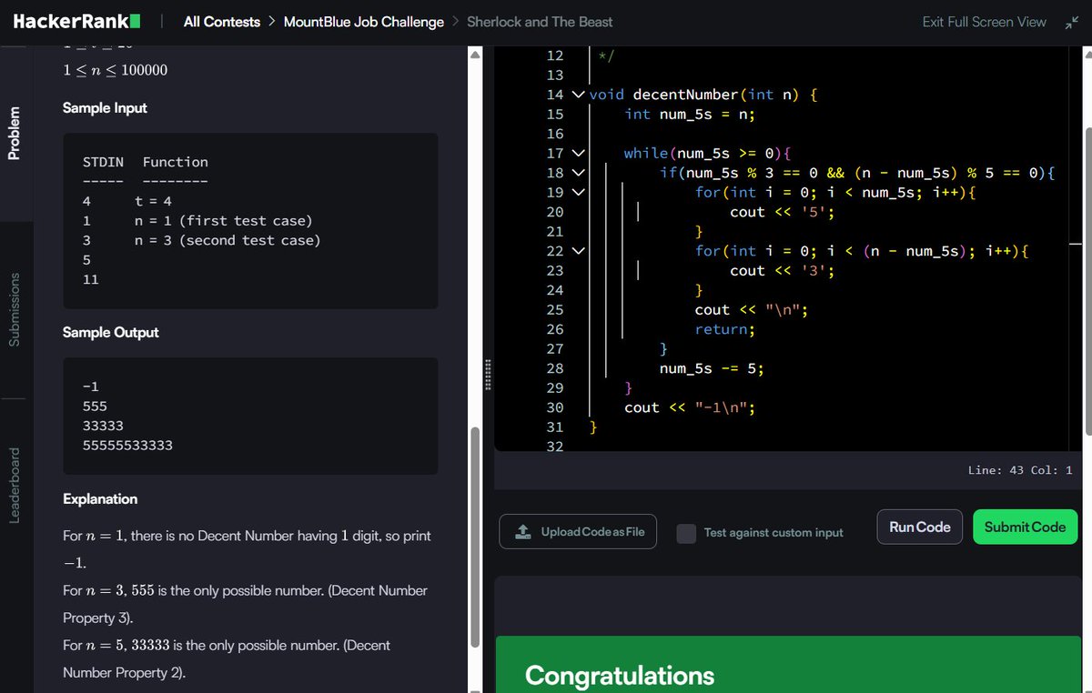 Muskanm_1227's tweet photo. Day 157/200 #200DaysOfCode | Daily DSA Practice ⚡

1. Sherlock and The Beast: O(N) TC | O(1) SC
2. Game of Thrones - I: O(N) TC | O(1) SC
3. Maximizing XOR: O(log R) TC | O(1) SC
4. Happy Ladybugs: O(N) TC | O(1) SC

Breakdown below 👇

#DSA #HackerRank #Cpp #Coding #Assessment https://t.co/aW0GTPTR4w