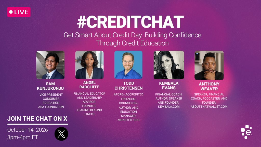 Experian's tweet photo. We’re grateful to be joined by: @ABABankers, @MoneyFitbyDRS, @MissRMBA, @Kembala and @aboutthatwallet. #CreditChat https://t.co/89skHrSJvT