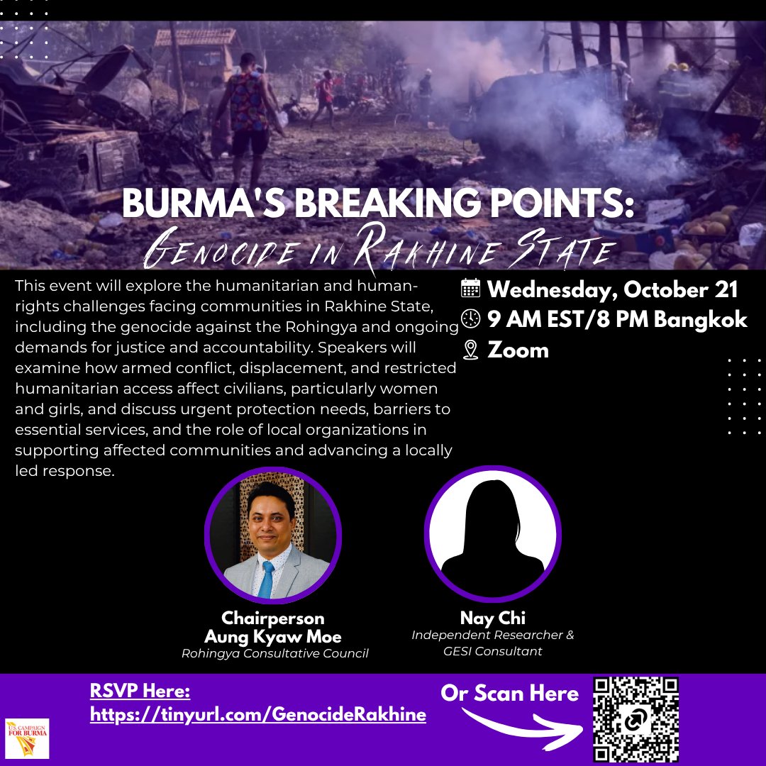 uscb's tweet photo. Join us for a conversation on #Rakhine State—where our panel will discuss ongoing conflict and displacement, genocide, and the urgent need for justice, protection, and locally led humanitarian response. RSVP here: https://t.co/NOxVeART3d https://t.co/WAU2afaU9Z