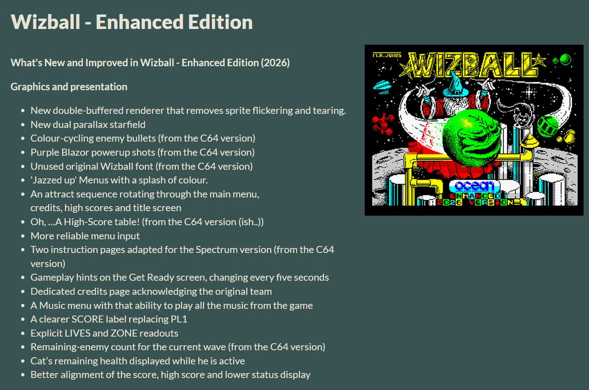 MarkRJones1970's tweet photo. Here it is then- a new enhanced 2026 version of #Wizball for the #ZXSpectrum with many new features &amp; game improving tweaks. I hope you all like it. Feel free to let us know what you think (be nice!)
Many thanks to Leigh Ashton.
https://t.co/cTqmPV2ofn
#OceanSoftware #RetroGaming https://t.co/TmLEgAGM0N