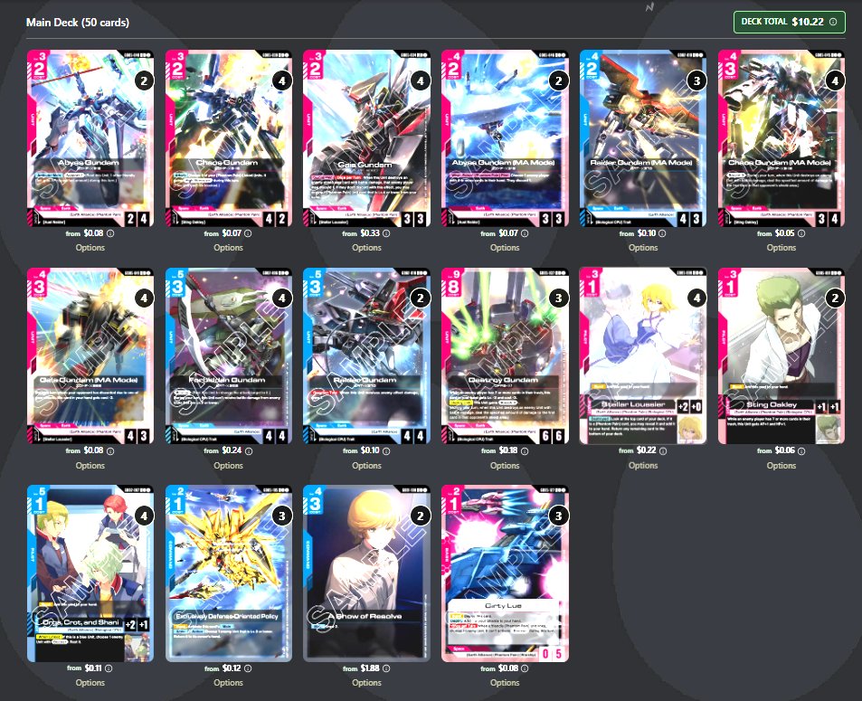 awxcord5's tweet photo. Currently this triple pilot card is surprisingly useful against blocker, makes up for not running amuro (no synergy)
Good cos there's more unit targets in the deck for generic link
think destroy MA from gd06 will be good, not sure if running neo over sting cos chaos feels better https://t.co/jfHb08K6x9
