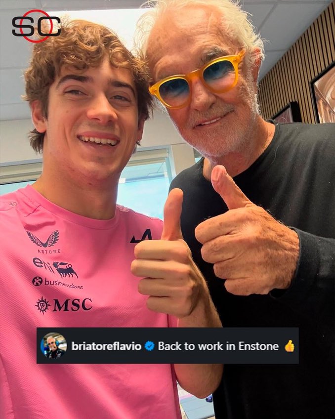 F1Tornello's tweet photo. #F1 “De vuelta al trabajo”, @FranColapinto y Flavio Briatore están en la base del equipo Alpine, en Enstone, dispuestos a superarse y volver a la suma de puntos en territorio americano. Es la actitud positiva que se debe mantener para volver a sumar 💪🏁 https://t.co/PzBRoZlpul