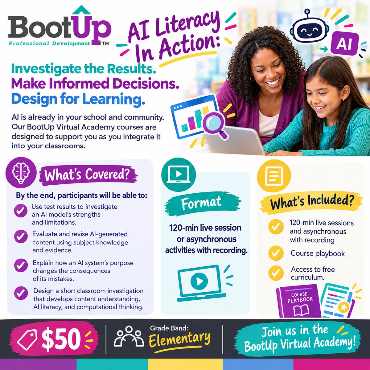 BootUpPD's tweet photo. New BootUp Academy Course Available! AI is already shaping our schools and communities. Do you understand it? Join BootUp Academy and discover practical ways to bring AI literacy and critical thinking into your classroom!
Oct. 28, 5:30-7:30 pm CT. Register https://t.co/SpvI7VLQh5 https://t.co/doqmn0WEpI