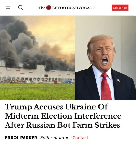 ChurchillFella's tweet photo. US President Donald Trump has accused the Ukrainian Government of meddling in the next months midterm elections.
Speaking to the press aboard Air Force One today, Trump accused Ukraine of election interference by bombing bot farms in Russia earlier this week, leading to a sharp decrease social media activity worldwide.
"They are gonna pay," Trump said.
"They've gone too far this time. We are very unhappy with them and unfortunately, there's gonna have to be consequences. They are trying to alter the outcome of the midterms, we can't have that. It's very bad."
Meta reported an inexplicable 80pc decline in interactions shortly after the first Ukrainian missile burst through the roof of a Yandex data centre southwest of Moscow.
Pages and profiles associated with various political movements such as MAGA, One Nation and the AfD in Germany all reported a period of very much below average engagement. 🤣