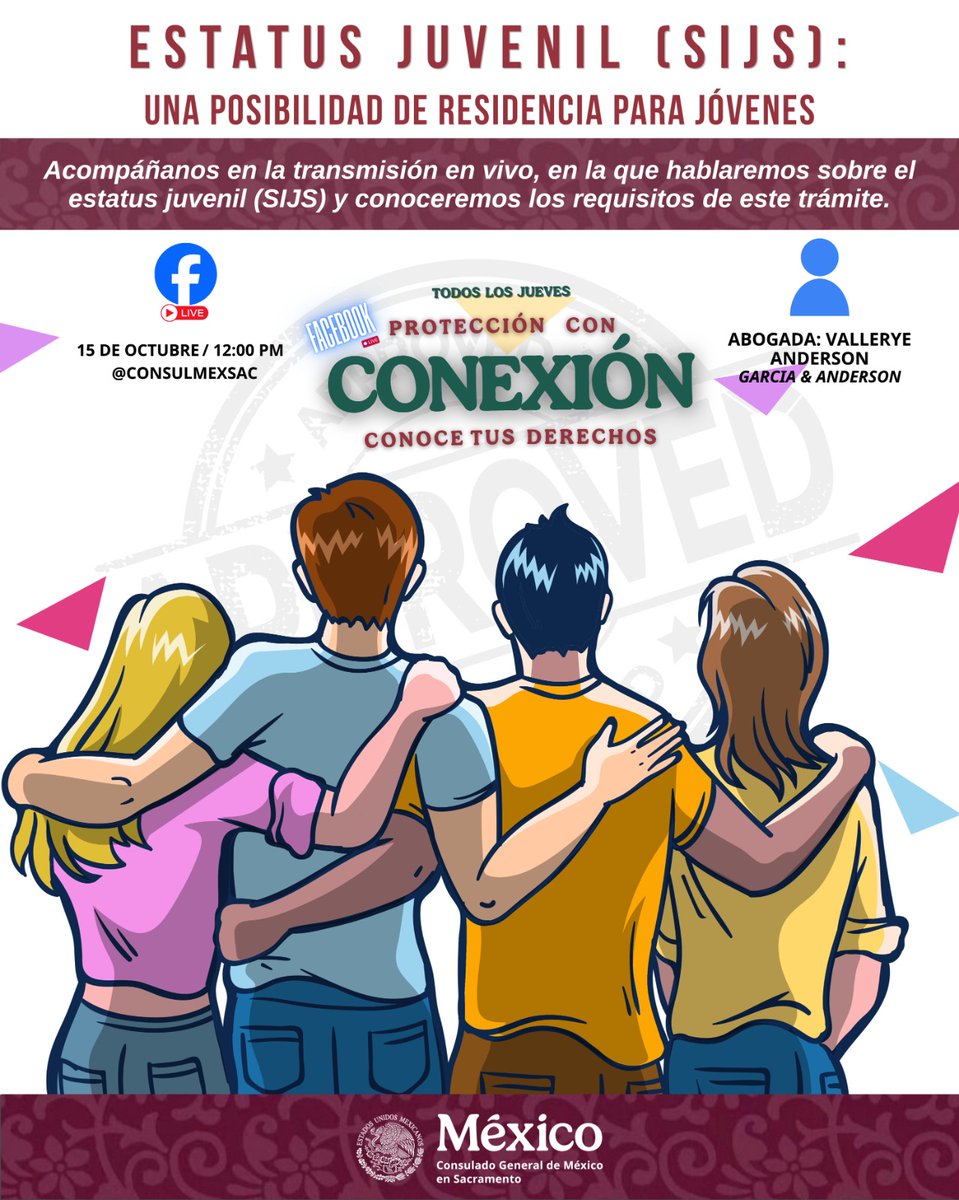 consulmexsac's tweet photo. 🛡️🇲🇽 #JuevesDeProtección | Estatus Juvenil (SIJS): Proceso migratorio para jóvenes
¿Tienes dudas sobre el Estatus Juvenil (SIJS) y las oportunidades que puede ofrecer a los jóvenes en Estados Unidos? 
📅 15 de octubre
🕛 12:00 p. m.
📲 Facebook Live: @ConsulmexSac
@imesremx https://t.co/oiovh8hVpV