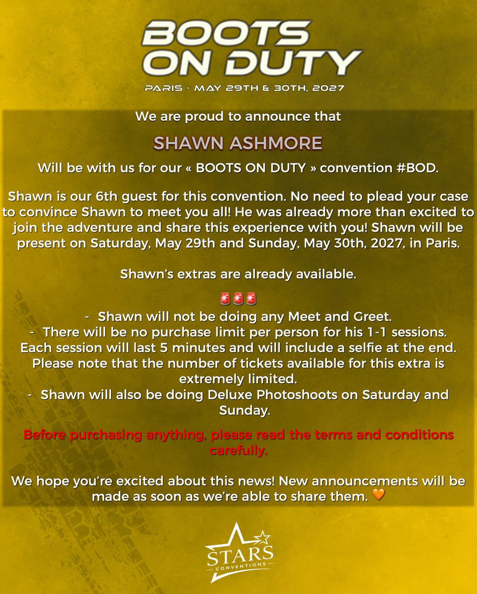 StarsConvs's tweet photo. #BOD #BootsOnDuty 🚔

Nous sommes très heureux d’officialiser la venue de SHAWN ASHMORE pour la BOOTS ON DUTY à Paris ! 🚔

🗓️ Shawn sera présent les 29 & 30 Mai 2027
📍Paris, FRANCE 🇫🇷
-------
We are so thrilled to announce that SHAWN ASHMORE is our 6th guest for our #BootsOnDuty convention next May in Paris 🚔

🗓️ May 29th & 30th, 2027
📍 Paris, FRANCE 🇫🇷

🎟️ https://t.co/2OkdD1hedg