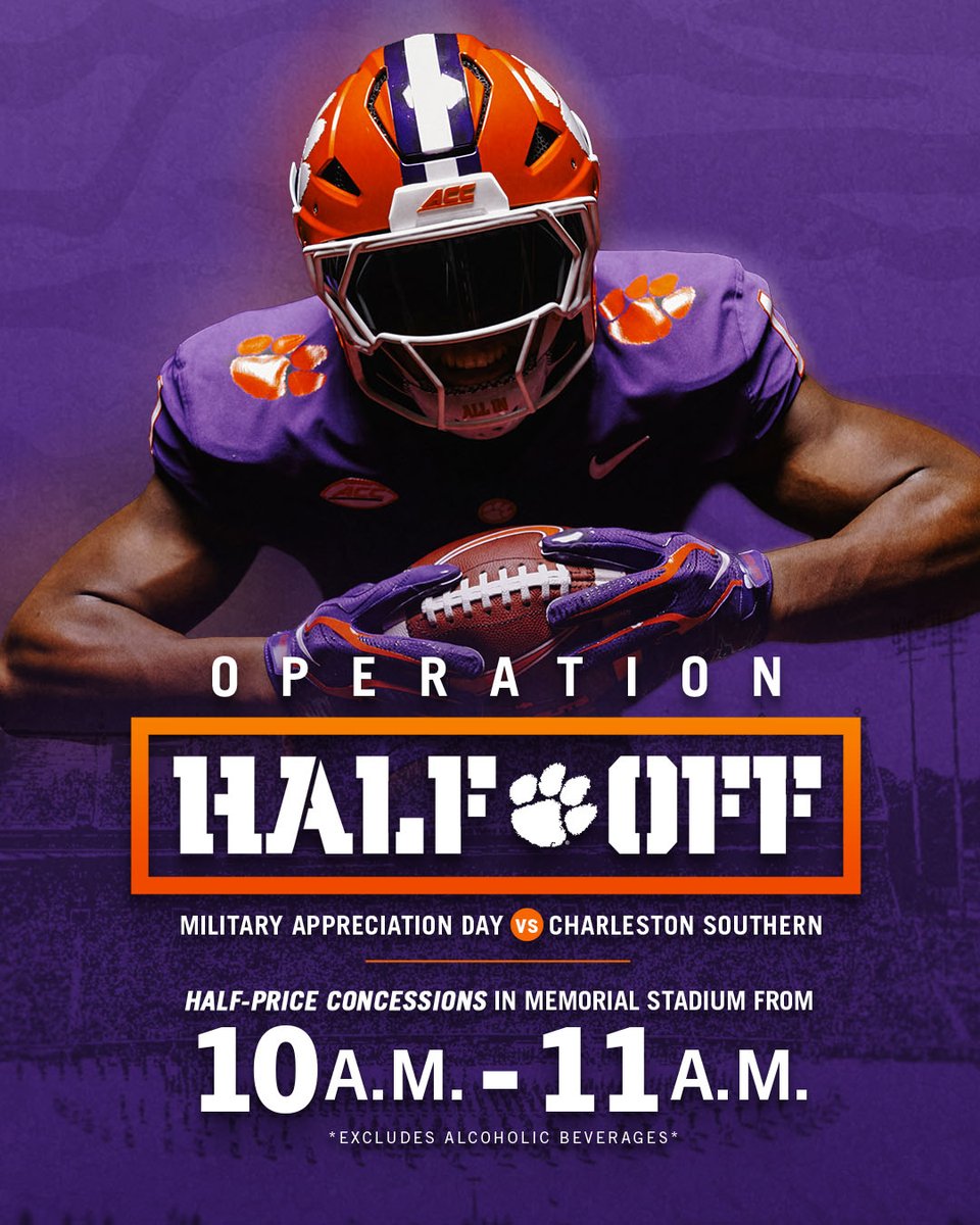 ClemsonTigers's tweet photo. Arrive early &amp; stay hungry! 🏈🍴

This Saturday, enjoy 50% off concessions, excluding alcoholic beverages, at Memorial Stadium from 10-11 a.m. (ET) with Operation Half Off!

🎟️ - https://t.co/UPsrLiVfpQ https://t.co/6FtnQa9INt