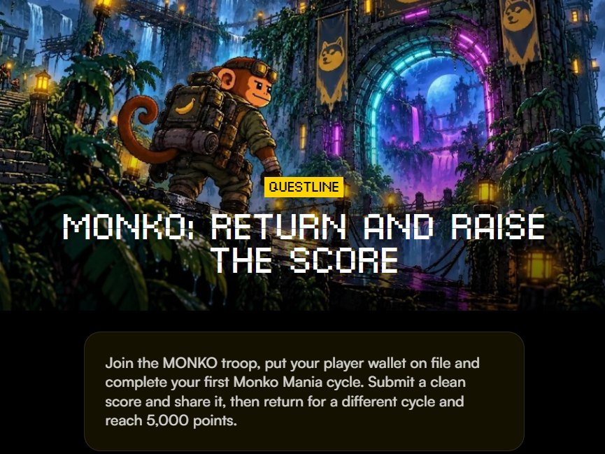 MonkoCoin's tweet photo. Monko's 2nd Quest line is live on @DogeOS ! 🐒

MONKO: Return and Raise the Score. Link your DogeOS wallet, run Monko Mania, share your score on X, then return for a second run and break 5,000 points.

In-game + on-chain 🍌 https://t.co/60Rz378Fsb