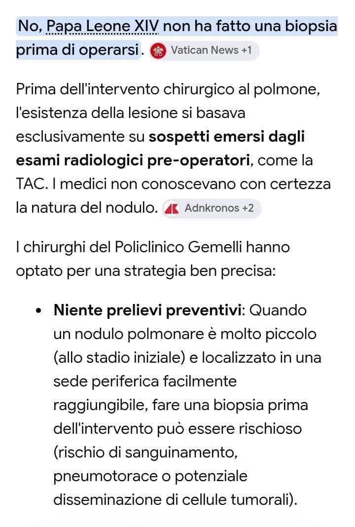___Anna22's tweet photo. Papa Leone non ha fatto una biopsia prima di operarsi perché pericolosa per svariati motivi: potrebbe causare sanguinamento, pneumotorace, o potenziale disseminamento di cellule tumorali.
 Immagina, puoi. 

La biopsia è solo per i comuni mortali. https://t.co/O8iuAwoVTg