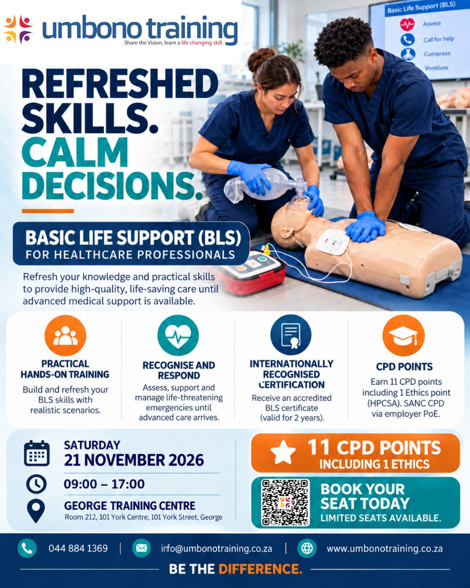 umbonotraining's tweet photo. Our BLS Course gives you practical, hands-on training you can use to improve patient outcomes in a workplace or community setting. Internationally recognised certification.
Contact us today: (044) 884-1369 or info@umbonotraining.co.za
#BLS #BasicLifeSupport #BLSCourse #BLSGeorge https://t.co/U4DGThoyiH