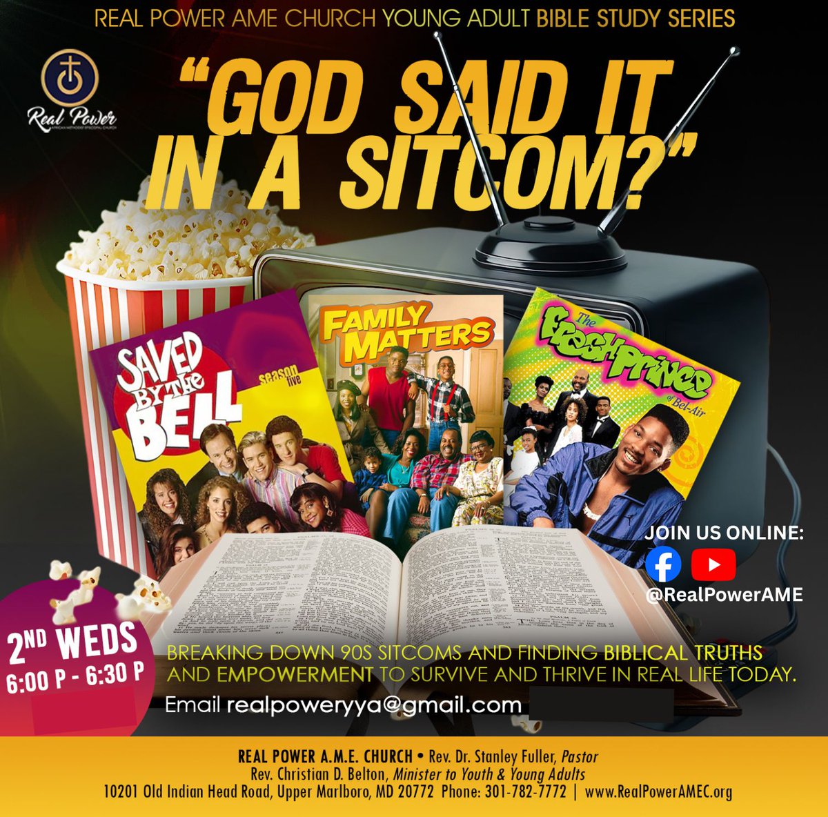 RealPowerAME's tweet photo. Young Adults, join Rev. Chrissy tonight online for Bible Study. We are resuming the series "God Said It In A Sitcom?" Which Sitcom will the Lord use for tonight's inspiration and empowerment moment. Tune in at 6:00 pm on our Facebook or YouTube. #RealPower #YoungAdultMinistry https://t.co/FKmbNISyKS