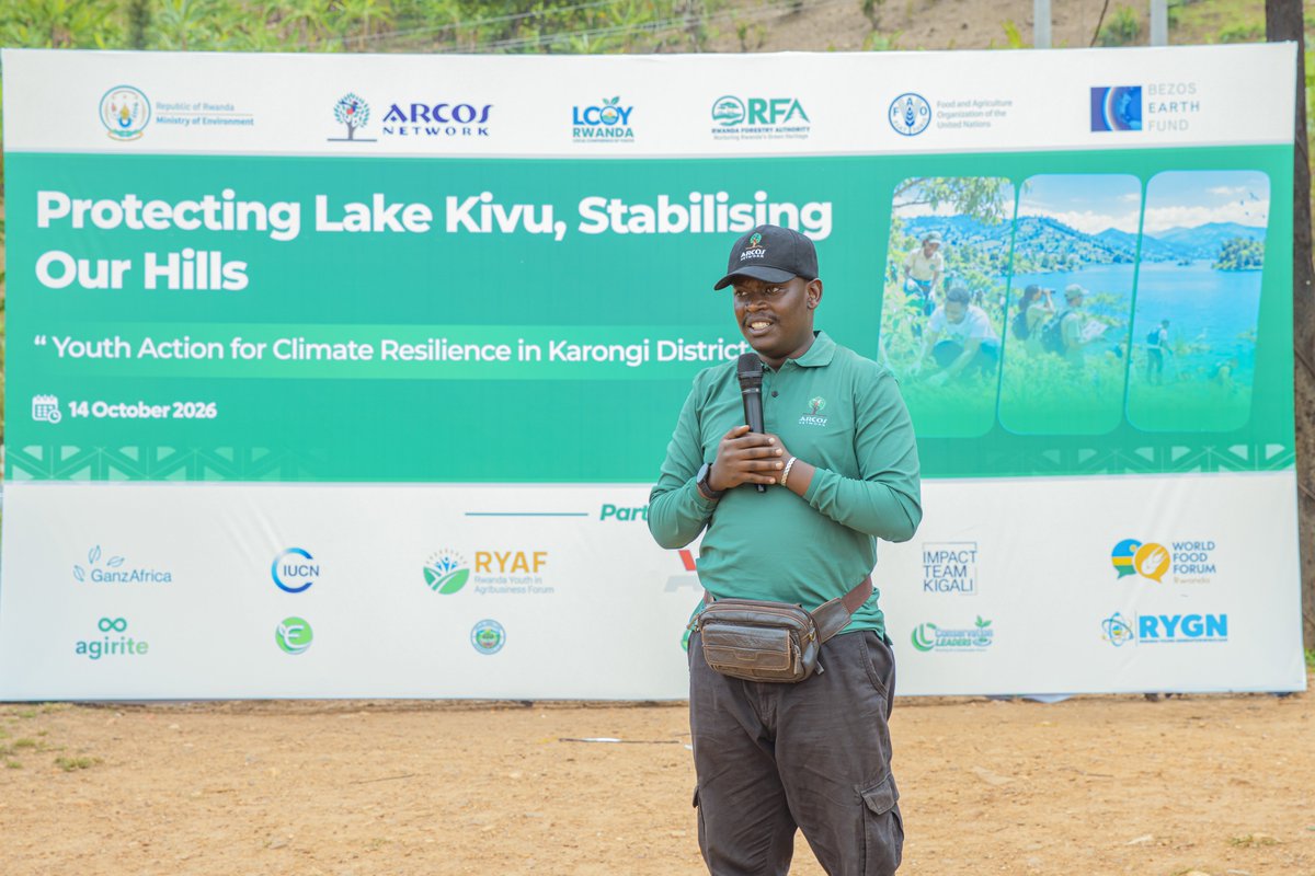 LCOYRWANDA26's tweet photo. KARONGI DISTRICT | YOUTH CLIMATE ACTION AND COMMUNITY SOLUTIONS

On 14 October 2026, the District Climate Advocacy Dialogues and KiRuCaRe Tree Planting Season Launch continued in Mubuga Sector, Karongi District, under the theme: “Protecting Lake Kivu, Stabilizing Our Hills: Youth Action for Climate Resilience in Karongi District.”

The programme brought together young people, local leaders and environmental stakeholders to discuss climate challenges, promote sustainable agriculture and strengthen community participation in environmental protection.

Sonia Umulinga of Green Sugira delivered the welcome remarks and introduced the purpose of the LCOY dialogue. Patric Dusengimana of World Food Forum Rwanda presented the district theme, highlighting the importance of youth action in protecting Lake Kivu, stabilising hillsides and strengthening climate resilience.

The Mubuga Executive Secretary participated in the official opening, while the ARCOS team introduced tree-planting and maintenance techniques and facilitated discussions on local climate challenges and possible solutions.

Participants highlighted several barriers affecting young people and agricultural development, including forest burning, limited access to investment capital—particularly for fruit and vegetable farming—and insufficient groups through which young people can organise and develop businesses.

In response, the Mubuga Executive Secretary said follow-up would be made to explore ways of supporting young people through the Vision Umurenge Programme (VUP).

The dialogue underscored the need to connect environmental conservation with agricultural investment, youth collaboration and practical economic opportunities. Building climate resilience requires community engagement, responsive leadership and sustained action.
@ARCOSNetwork @LCOYRwanda @EnvironmentRwanda @RwandaForestry @FAORwanda @BezosEarthFund @IUCN @Agirite @GanzAfrica

#LCOYRwanda2026 #KiRuCaRe #YouthClimateAction #FarmingWithNature #ClimateResilience #RwandaClimateMonth2026