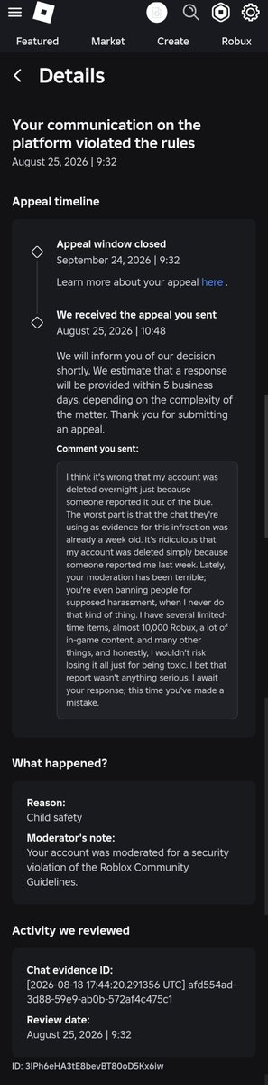 0iDny's tweet photo. ‼️Day 50 since my Roblox ban‼️
 
Still no updates from "Violations &amp; Appeals."

Still getting the same responses.

I'm about to submit an MIDR.

Repost if you're in the same situation.🔁
 
(User: 0iDny)
@RoUtilityNews @Roblox @DavidBaszucki $RBLX https://t.co/kpE8UhZrJk
