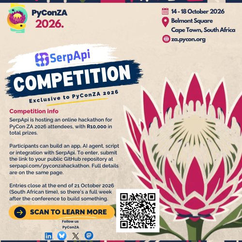 pyconza's tweet photo. The SerpApi hackathon is now open to all #PyConZA2026 attendees! 🐍

Build an app, AI agent, script or integration with @serpapi and you could win part of R10,000 in prizes.

Submit your public GitHub repo by the end of 21 Oct (SAST):
👉 https://t.co/mG41vGMMMa https://t.co/bmYLJtGSS0