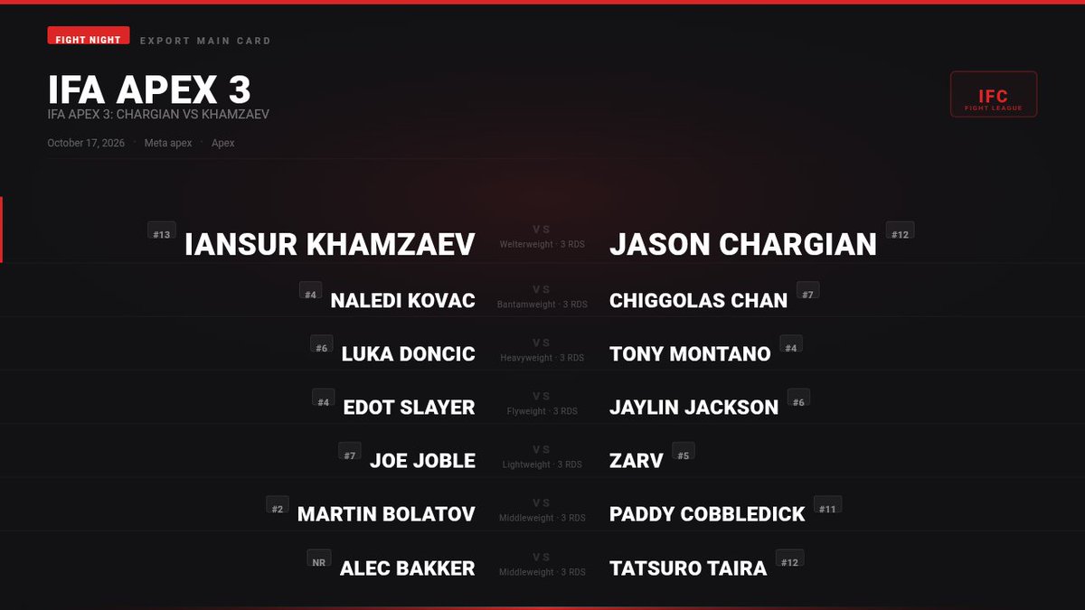IFAfightleague's tweet photo. Saturday 12 pm est slop https://t.co/CnkF2H4JrQ
