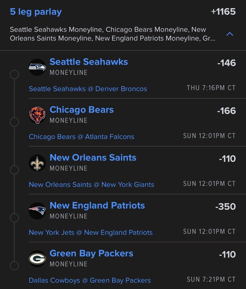 WILSONTIPS7's tweet photo. 🔥🏈 NFL 5-LEG MONEYLINE PARLAY! 🏈🔥

🎯 +1165 ODDS 💰🤑

🔵 Seattle Seahawks — MONEYLINE
🔵 Chicago Bears — MONEYLINE
🔵 New Orleans Saints — MONEYLINE
🔵 New England Patriots — MONEYLINE
🔵 Green Bay Packers — MONEYLINE

🚨🔥 5-LEG NFL MONEYLINE LOTTO!
🏈💰 LET’S CASH! 🤑🔥 https://t.co/izTNRWiq5Q