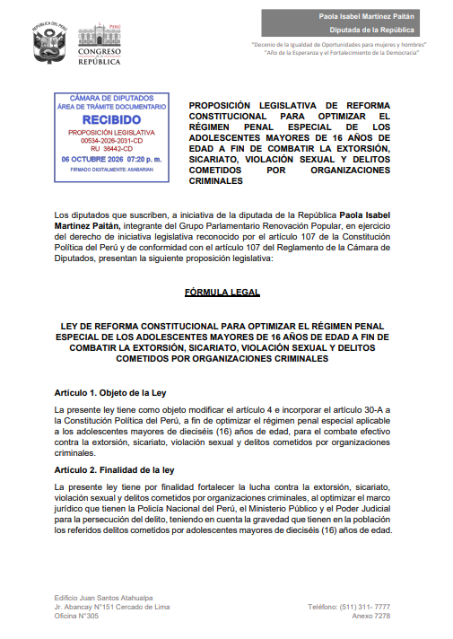SenalAbierta24's tweet photo. La diputada Paola Martínez (#RenovaciónPopular) presentó un proyecto de reforma constitucional que plantea establecer un régimen penal especial para adolescentes de 16 y 17 años que cometan delitos graves como extorsión, sicariato, violación sexual u organizaciones criminales. https://t.co/WWiXDaU8RP