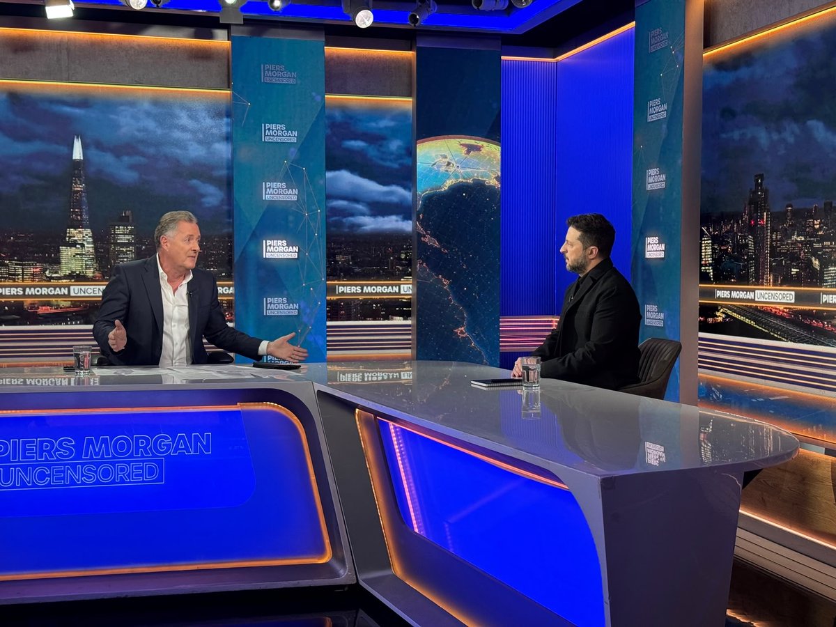 piersmorgan's tweet photo. ‼️ My exclusive interview with President Zelensky @ZelenskyyUa has just dropped on @PiersUncensored .. it’s a remarkable watch. https://t.co/fc6F4eEHJE
