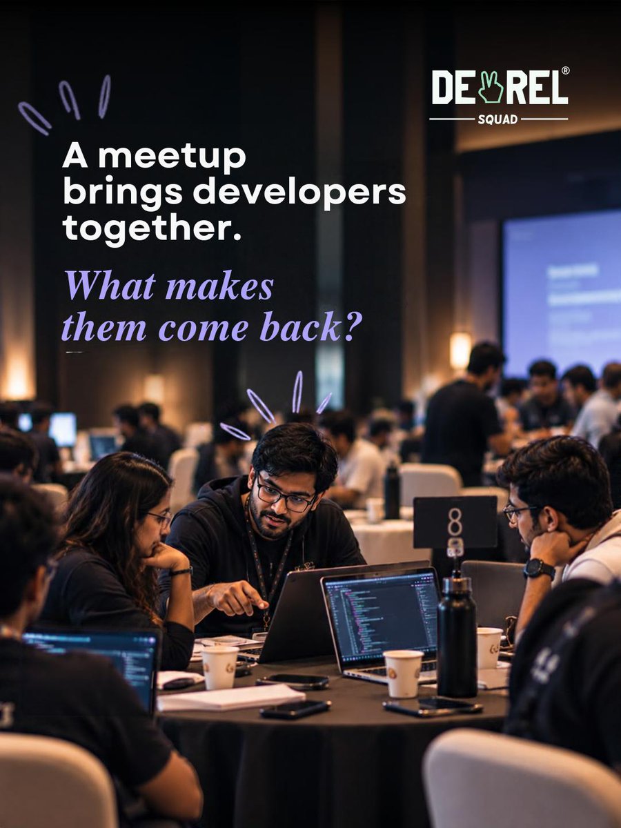 devrelsquad_'s tweet photo. Meetup → Conversation → Connection → Comeback.

The first event brings developers together. The people are why they return: to share ideas, solve problems and build together.

Belonging beats attendance. 💚

#DevRel #DevRelSquad https://t.co/Kn0921Kv64