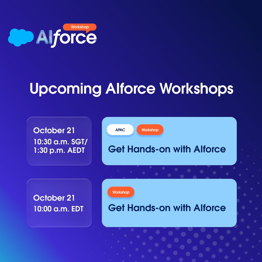 SalesforceDevs's tweet photo. 🚀 Extend @Salesforce into new interfaces with AIforce, the live interface layer that brings the full power of Salesforce to wherever people and agents work.

Join us for Get Hands-on with AIforce, a free virtual workshop where you’ll learn how to bring Salesforce into new agentic surfaces - including Claude, Slack, Coworker, and more - using Salesforce MCPs, plugins, and skills.

One workshop. Two opportunities to get hands-on.

🔹 October 21 | 10:30 a.m. SGT / 1:30 p.m. AEDT ➡️ https://t.co/94H4M6NyZC
🔹 October 21 | 10:00 a.m. EDT ➡️ https://t.co/wtmZP4eCNn