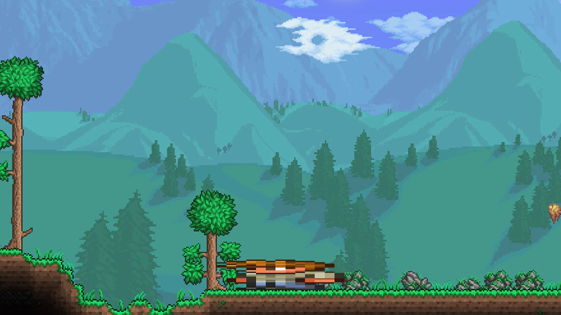 A screenshot from Terraria showing an empty Forest biome. There is a sprite of the Guide NPC which has been stretched outwards so he is very wide.